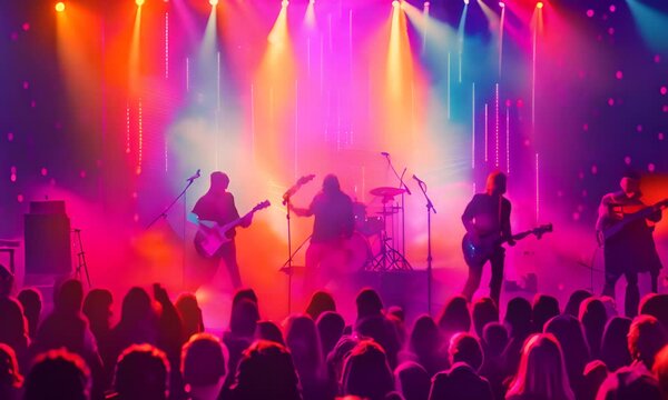 Concert stage with a playing rock band and colorful lighting effects. The concept of live music and entertainment.