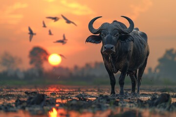 In a tranquil tableau, an impressive water buffalo plods through a submerged paddy field, while birds take flight in the background, painting a serene picture of rural life
