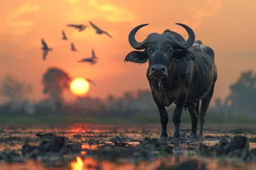 Cercles muraux Buffle In a tranquil tableau, an impressive water buffalo plods through a submerged paddy field, while birds take flight in the background, painting a serene picture of rural life