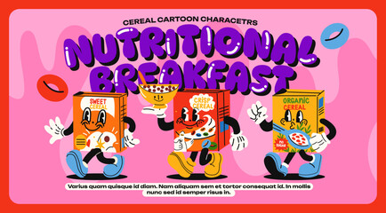 Cereal cornflakes mascot characters, breakfast poster in cartoon style. Boxes of crunchy crispy muesli, oatmeal, porridge. Doodle banner of healthy baby food
