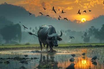 Cercles muraux Parc national du Cap Le Grand, Australie occidentale In a picturesque scene, an imposing water buffalo moves through a flooded paddy field, its journey accompanied by birds in graceful flight, showcasing the peaceful coexistence of wildlife and agricult