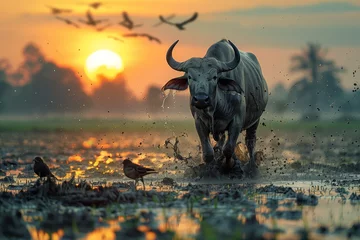 Cercles muraux Parc national du Cap Le Grand, Australie occidentale As birds take flight in the distance, an imposing water buffalo wades through a flooded paddy field, symbolizing the enduring connection between wildlife and agricultural landscapes