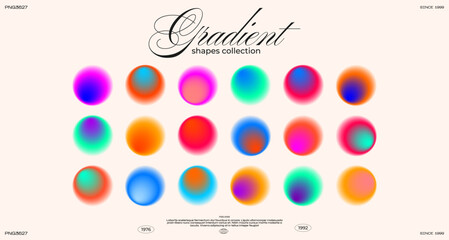 Set of round gradients. Vector set of liquid circles,abstract bright sphere. Positive aura energy with blurry circles. Vector collection of shapes in y2k style