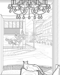 Interior with a cat, a view from the window and a lamp. Coloring page, black and white vector illustration.
