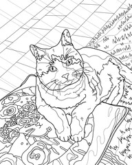 Coloring book for adults. Cat. Coloring page, black and white vector illustration.