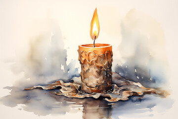 Watercolor drawing of a candle. Burning candle - obrazy, fototapety, plakaty