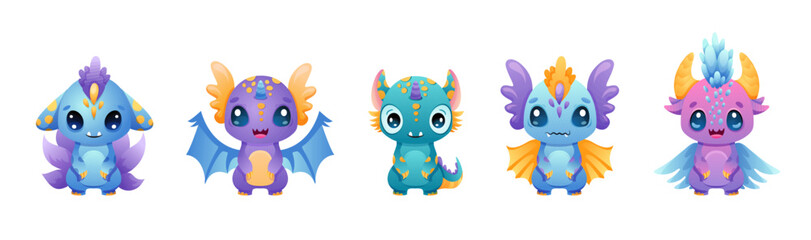 Cute Monster set with different eyes, wings, horns. Little dragons collection for boys with hand drawn elements. Cartoon vector illustration