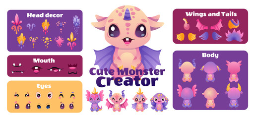 Create your Monster and collect cute aliens and funny creatures. Cartoon character creation kit with all elements and body parts. Vector children illustration © Foxelle