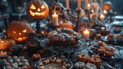 Fototapeta na wymiar Infuse your Halloween feast with creepy culinary delights, from spiderweb-shaped appetizers to ghastly desserts, turning your dining table into a macabre masterpiece.
