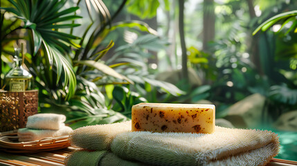 Handmade Soaps and Spa Essentials on Wooden Background, Natural Beauty and Wellness Products - obrazy, fototapety, plakaty