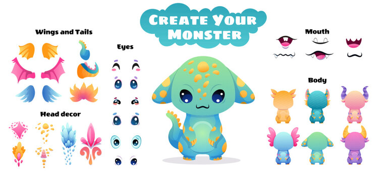Create your Monster and collect cute aliens and funny creatures. Cartoon character creation kit with all elements and body parts. Vector children illustration