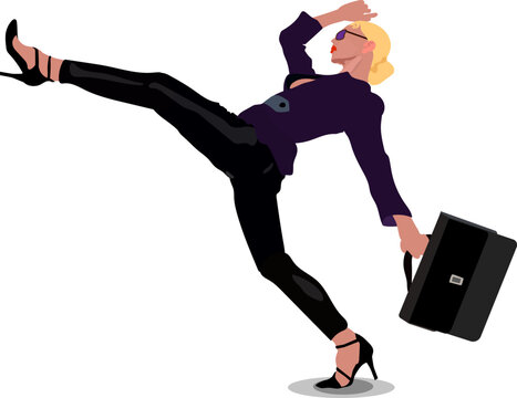A stylishly walking girl with a suitcase in a high-stepping fashion on a white background, depicted in a vector illustration. She embodies elegance, dynamism, and modern fashion trends.