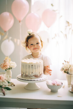 Cake Smash party. Little birthday baby with cake. Happy infant child celebrating birthday. Decoration birthday photo zone.