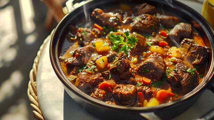 Savory beef stew in cast iron skillet