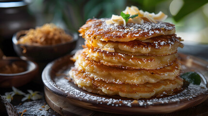 Homemade sweet pancake stack with syrup