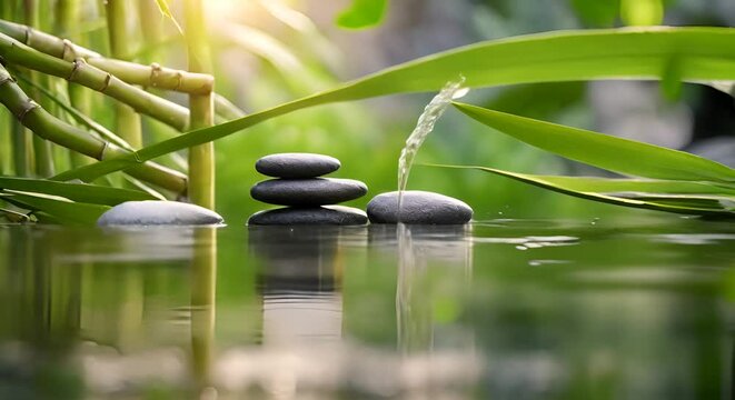 concetto di consapevolezza e relax, giardino zen con acqua che scorre da un giunco, pace e serenit&agrave; zen