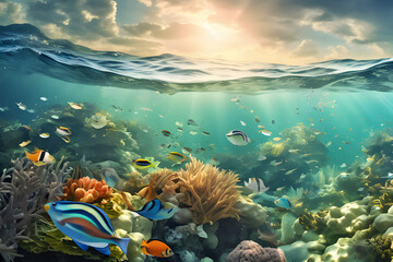  vibrant underwater scene featuring a colorful coral reef teeming with a variety of tropical fish species. Brightly colored parrotfish, angelfish, and clownfish swim among the coral formations. - obrazy, fototapety, plakaty