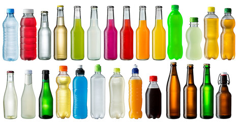 set of fresh ice cold beverage bottles isolated white background. cooled water beer lemonade and soda refreshment drink collection - obrazy, fototapety, plakaty