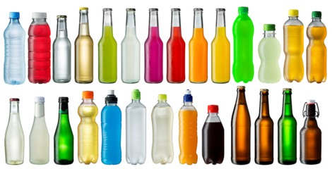set of fresh ice cold beverage bottles isolated white background. cooled water beer lemonade and soda refreshment drink collection