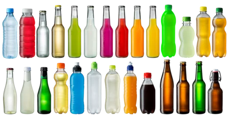 Foto op Plexiglas set of fresh ice cold beverage bottles isolated white background. cooled water beer lemonade and soda refreshment drink collection © stockphoto-graf