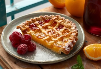 A slice of pie with raspberries and oranges on a plate