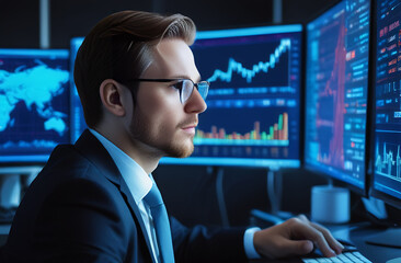 Fototapeta premium Man in a suit and tie working on a computer monitor
