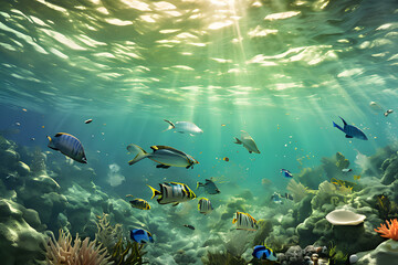 Fototapeta na wymiar vibrant underwater scene featuring a colorful coral reef teeming with a variety of tropical fish species. Brightly colored parrotfish, angelfish, and clownfish swim among the coral formations.