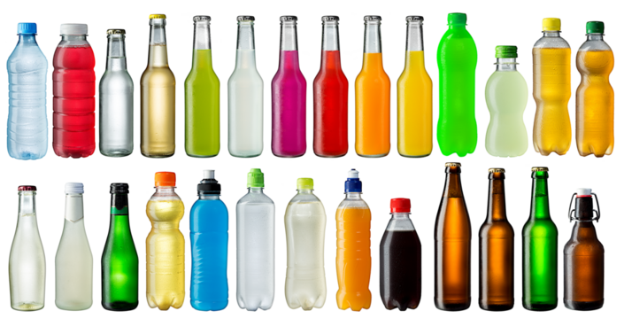 set of fresh ice cold beverage bottles isolated white background. cooled water beer lemonade and soda refreshment drink collection