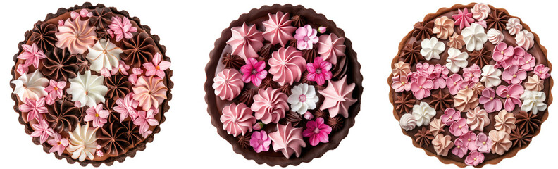 Beautifully decorated cakes with swirls of pink frosting and floral toppings isolated on a transparent background