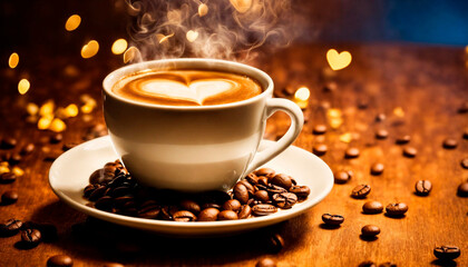 Obraz premium cup of coffee with a heart on the table. Selective focus.