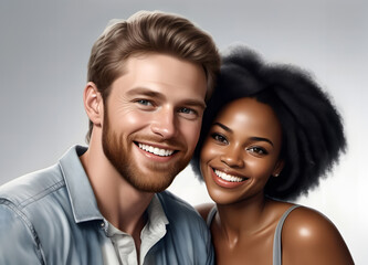 Portrait of a happy smiling multi-ethnic couple. Young white man and beautiful black african woman in relationship. Loving and caring expression. Close up on grey background. - 750034944