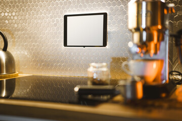 Smart kitchen interior. Empty LCD display mockup. Smart home devices.