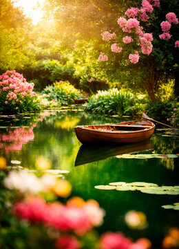 boat on the river with flowers. Selective focus.