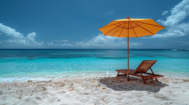 A beach scene with a yellow umbrella and a wooden beach chair
