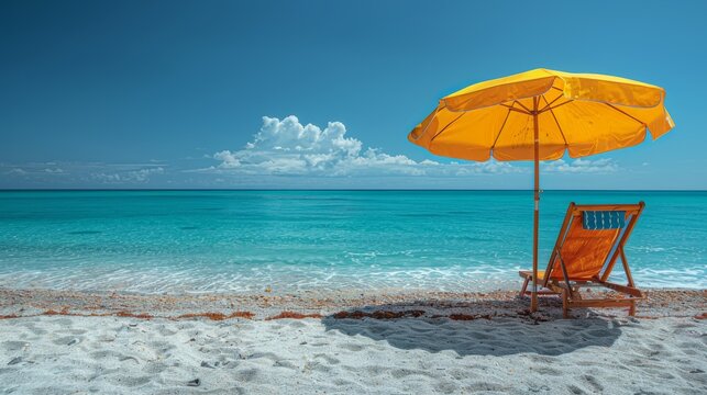 A beach scene with a yellow umbrella and a chair