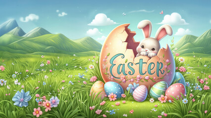 Estores personalizados con tu foto cute easter bunny coming out of the egg illustraion,