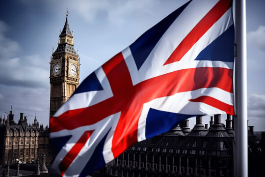 Flag of Great Britain, United Kingdom. City of London flag background. London Big Ben, Elizabeth tower in England. Flag of England and the United Kingdom, UK. Great Clock and Union Jack of England