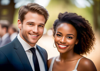 Portrait of a happy smiling multi-ethnic couple. Young white man withy tie and beautiful black african woman in relationship. Loving and caring expression. - 750036300