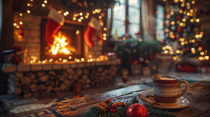 Fototapeta na wymiar Sipping hot cocoa by the fireplace, with stockings hung and the scent of cinnamon in the air.