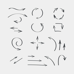Vector illustration black hand drawn arrow set, vector arrow. Collection of different arrows icons. Arrow icon. Cursor, pointer for web design, interface. Digital graphic elements concept.