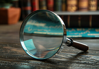 An Old Magnifying Glass And A Stack Of Books On A Wooden Table