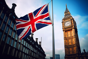 City of London flag background. London Big Ben, Elizabeth tower in England and flag of Great Britain, United Kingdom. Flag of England and the United Kingdom, UK. Great Clock and Union Jack of England - obrazy, fototapety, plakaty