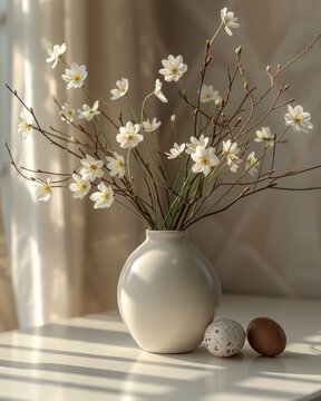 decorations in the interior for Easter with painted eggs and spring flowers with sunlight . seasonal, religious holiday concept.
