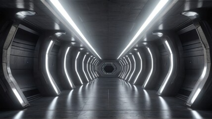 Futuristic Concrete Grunge Reflective Dark Empty Tunnel Corridor Spaceship Alien Underground White Glow Window Lights Hall Garage 3D Rendering