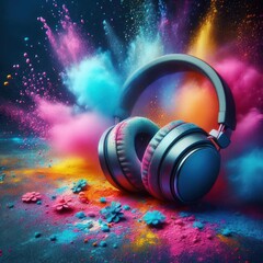 Fototapeta na wymiar Headphone and vivid color powder. Creative music and festival concept