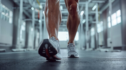 Determined Athlete Walking in Gym, Close-up of Toned Legs and Sport Shoes - obrazy, fototapety, plakaty