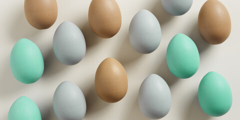 Easter Aesthetic with Matte Eggs and Delicate Florals, painted chicken egg decorated white flowers, top view on beige background, spring holiday banner. Minimal style pattern in pastel tones