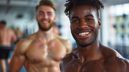 Joyful Multiracial Bodybuilders Celebrating Fitness Success, Smiling Athletes in Gym