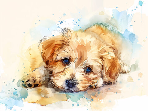 Watercolor Drawing of Cute Dog Puppy Colorful Illustration isolated on white background HD Print 4928x3712 pixels Neo Art V5 84