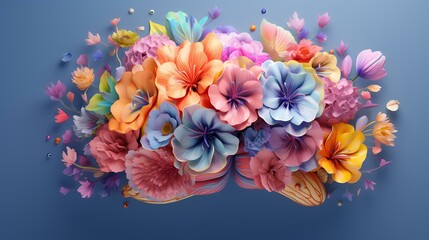 Human brain with spring colorful flowers 